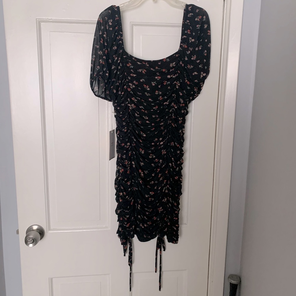Black floral Short scrunched fabric, off the shoulder, short sleeve dress